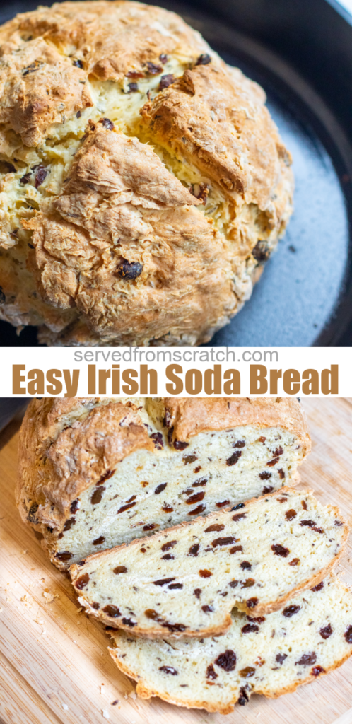 baked bread with raisins in a cast iron skillet baked bread with raisins sliced on cutting board and pinterest text.