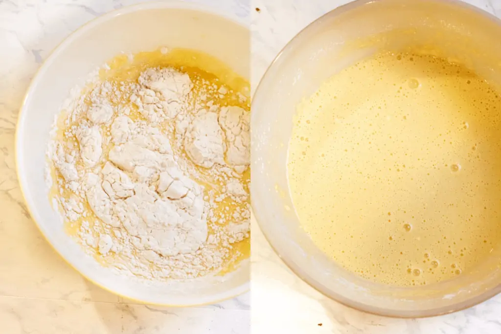 bowl with flour and egg mixture and then bowl with it all mixed