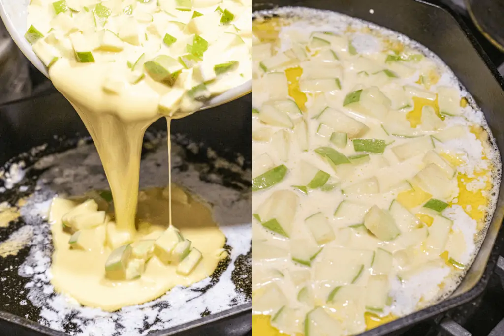 apple egg dough being poured into a cast iron