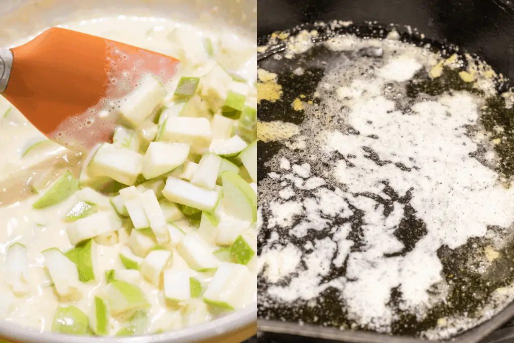 a bowl with egg dough and diced apples and a cast iron with melted butter