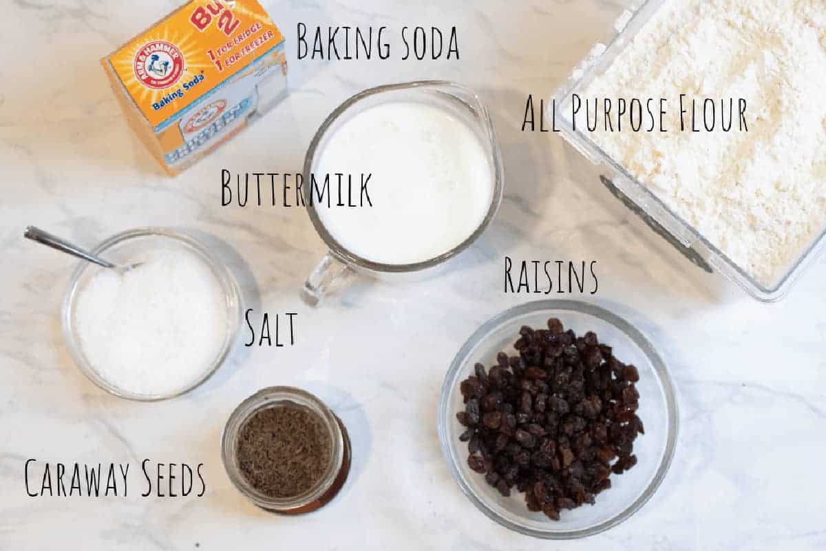 baking soda, flour, raisins, buttermilk, caraway seeds all labeled.