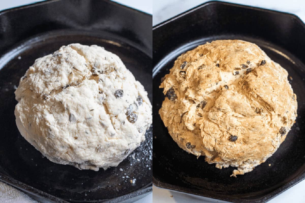 rough dough in a cast iron and baked bread in cast iron.