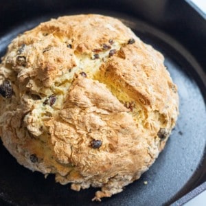 baked bred with raisins in a cast iron skillet.