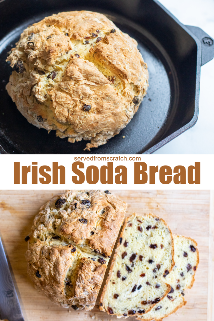 baked bread with raisins in a cast iron skillet baked bread with raisins sliced on cutting board and pinterest text.