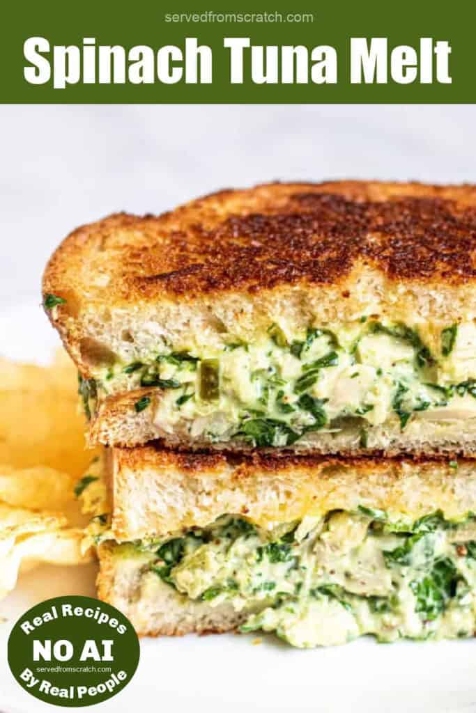 a halved and stacked tuna melt with spinach and Pinterest pin text and NO AI sticker.