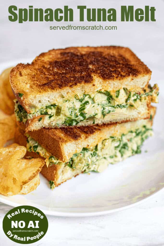 a halved and stacked tuna melt with spinach and Pinterest pin text and NO AI sticker.