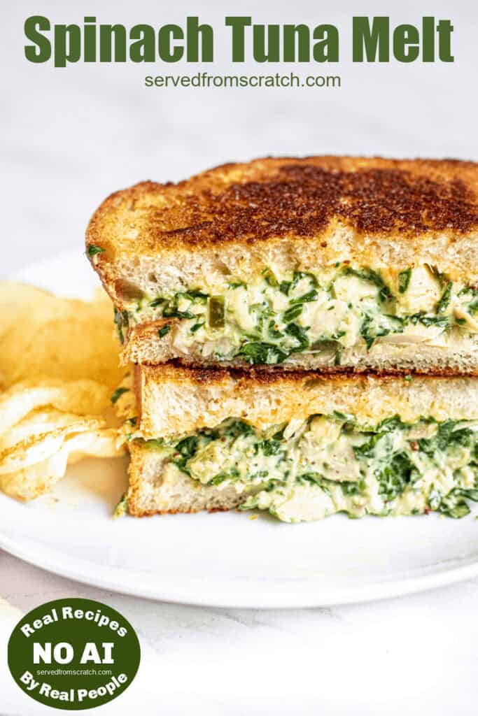 a halved and stacked tuna melt with spinach and Pinterest pin text and NO AI sticker.