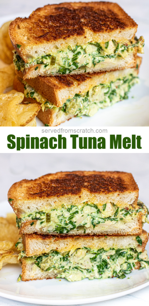 stacked sliced tuna melts with spinach with Pinterest Pin text.