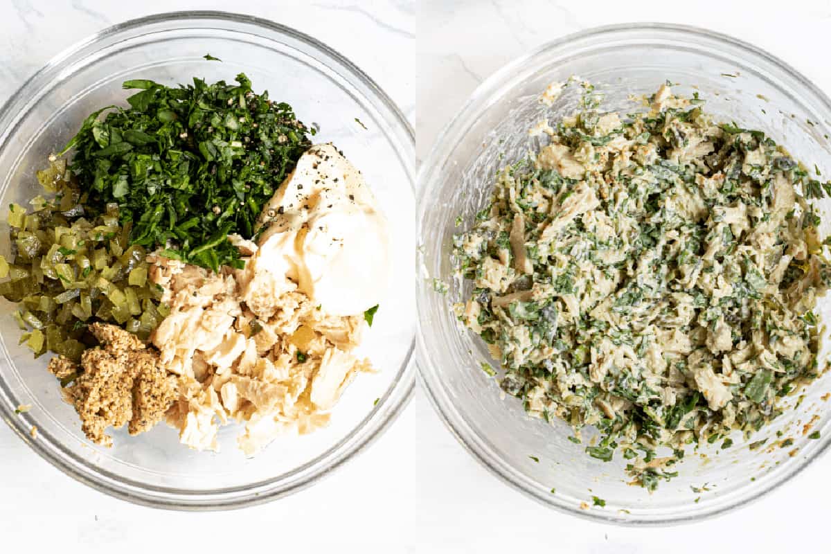 two bowls of spinach and tuna, pickle, dijon separated and then mixed.
