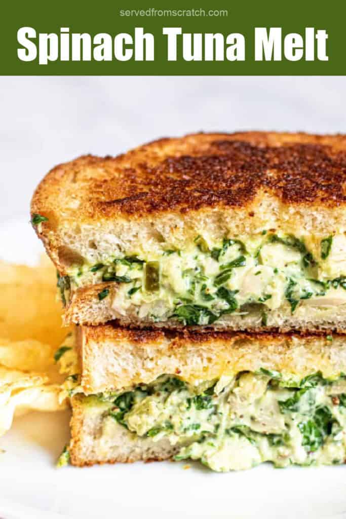 a close up of a tuna melt with spinach halved and stacked with Pinterest pin text.
