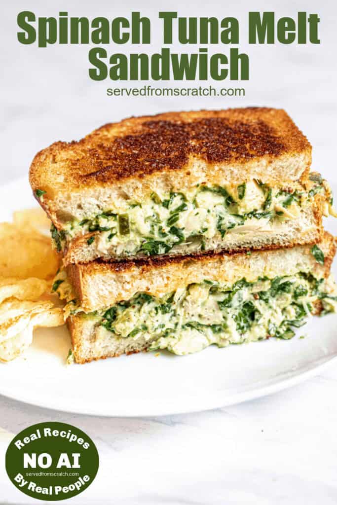 a halved and stacked tuna melt with spinach and Pinterest pin text and NO AI sticker.