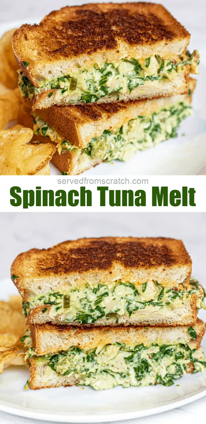 stacked tuna melt with spinach on a plate with chips.