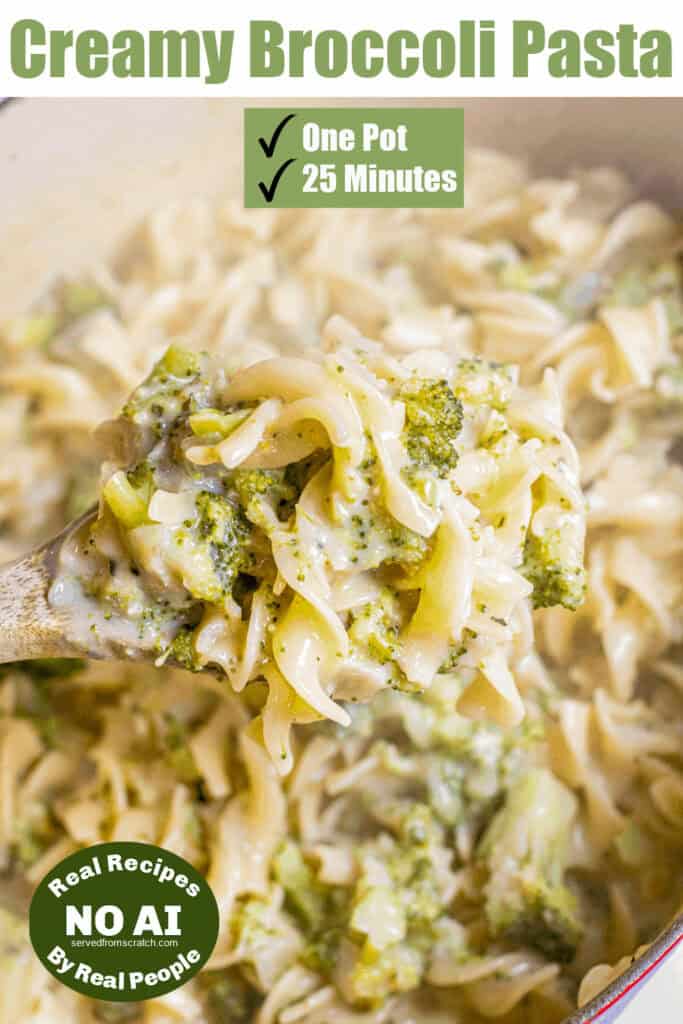 a wooden spoon holding some creamy pasta with broccoli with Pinterest pin text with a NO AI sticker.