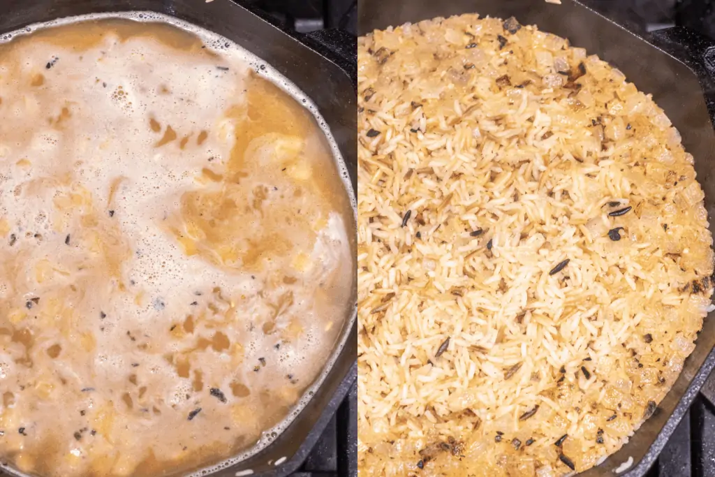 cast iron with stock and rice and then cooked rice