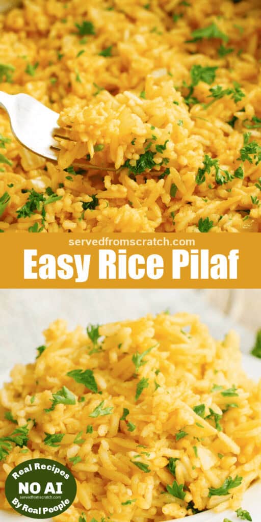 a cast iron with cooked rice pilaf and parsley and Pinterest text with NO AI sticker.