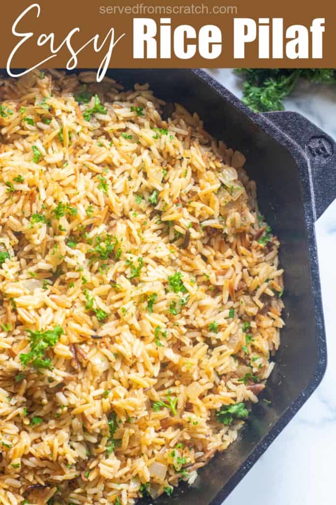 a cast iron with cooked rice pilaf and parsley with Pinterest pin text.