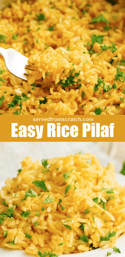 a fork in fluffy rice and a plate of rice with Pinterest pin text.