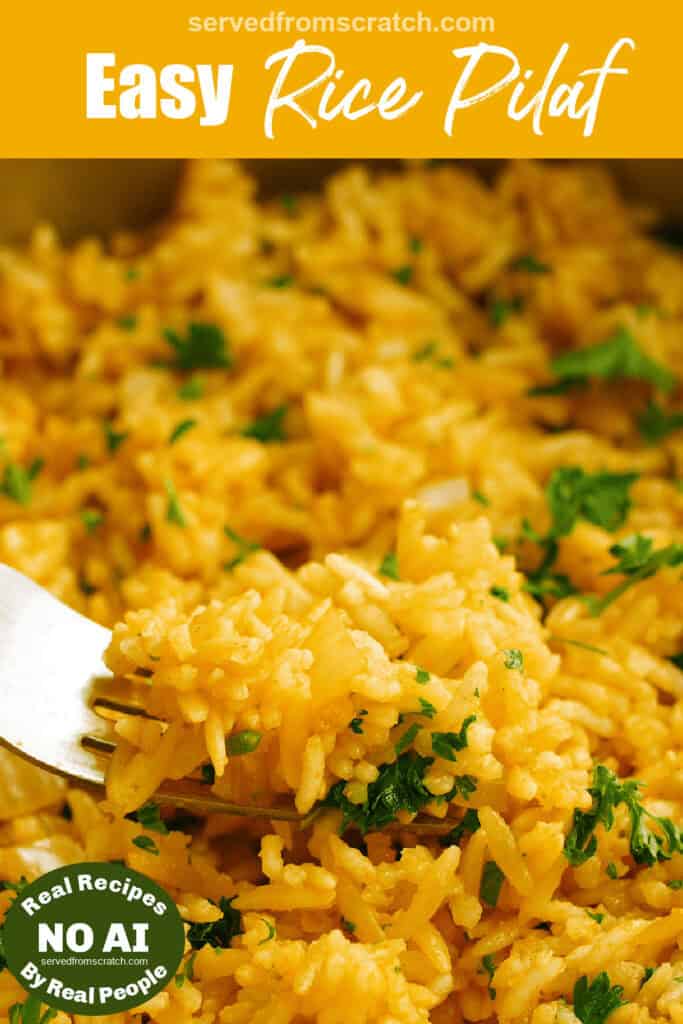 a pan of rice pilaf with Pinterest pin text with NO AI sticker.