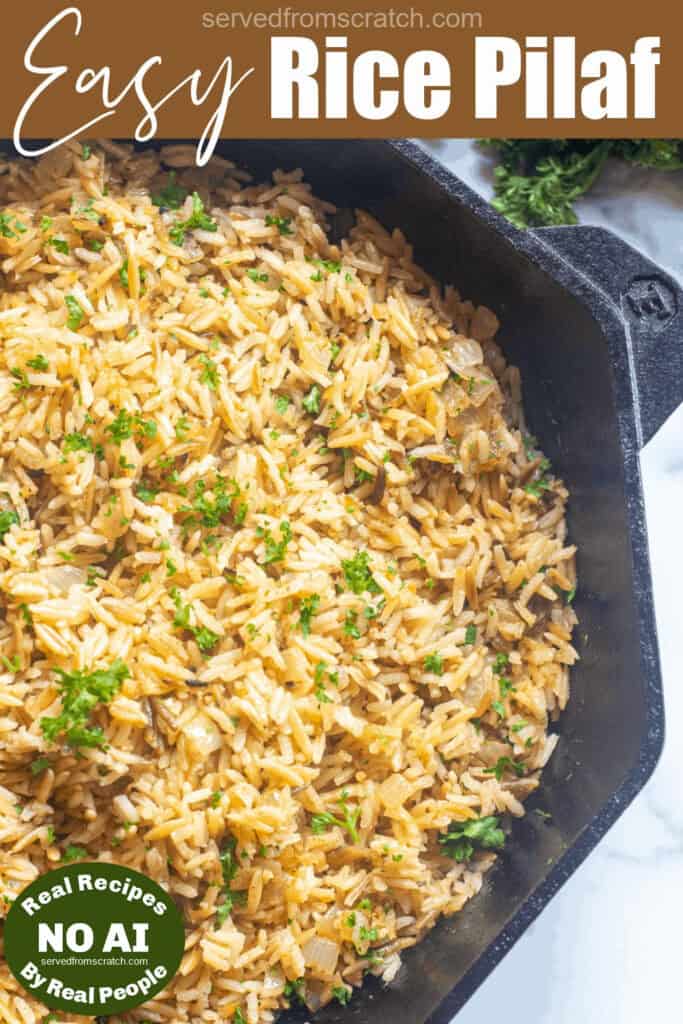 a pan of rice pilaf with Pinterest pin text with NO AI sticker.