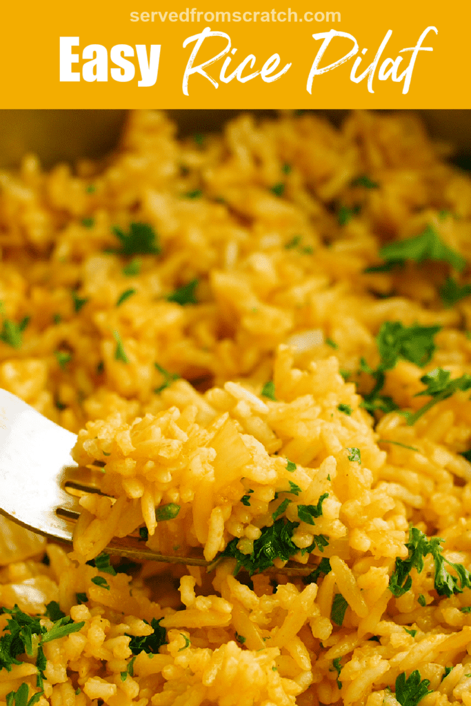 a close up of a fork of fluffy rice with Pinterest pin text.