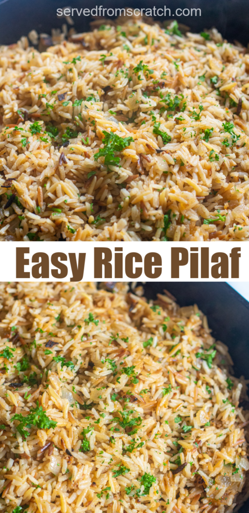 a cast iron with cooked rice pilaf and parsley and Pinterest text.