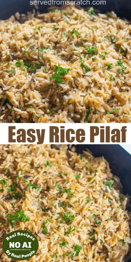 a cast iron with cooked rice pilaf and parsley and Pinterest text with NO AI sticker.
