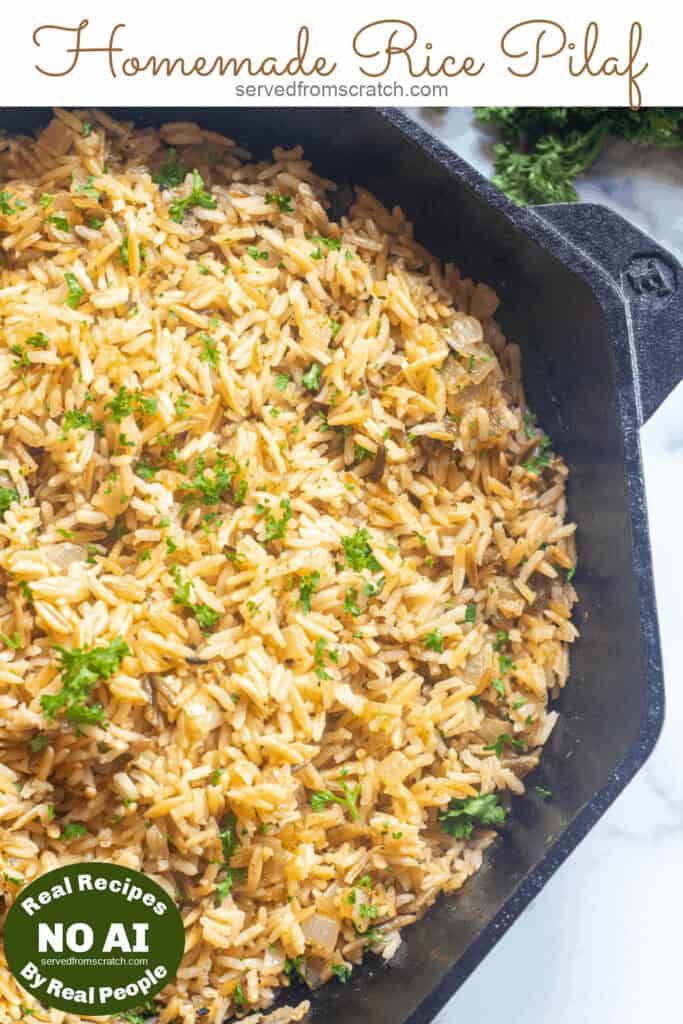 a pan of rice pilaf with Pinterest pin text with NO AI sticker.