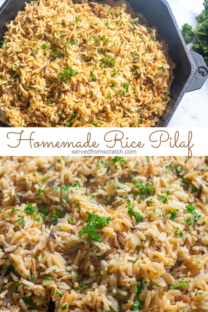 a cast iron with cooked rice pilaf and parsley.