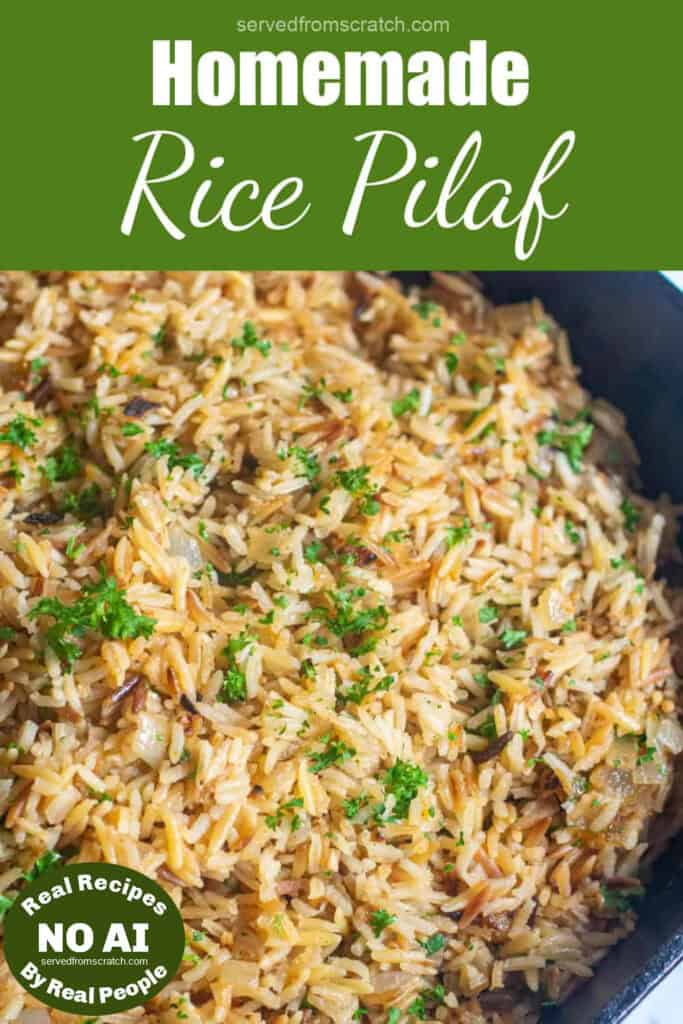 a pan of rice pilaf with Pinterest pin text with NO AI sticker.