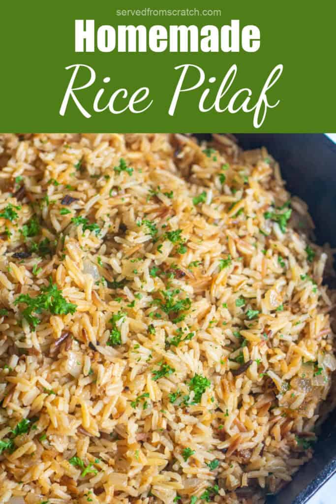 a pan of rice pilaf with Pinterest pin text.