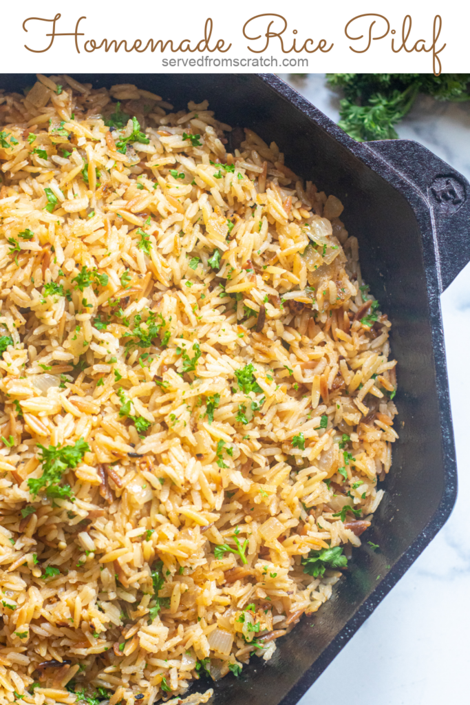 a cast iron with cooked rice pilaf and parsley with Pinterest pin text.