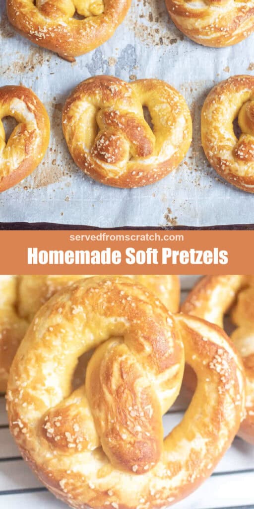 a tray of baked soft pretzels, Pinterest pin text, and a close up of the pretzels.