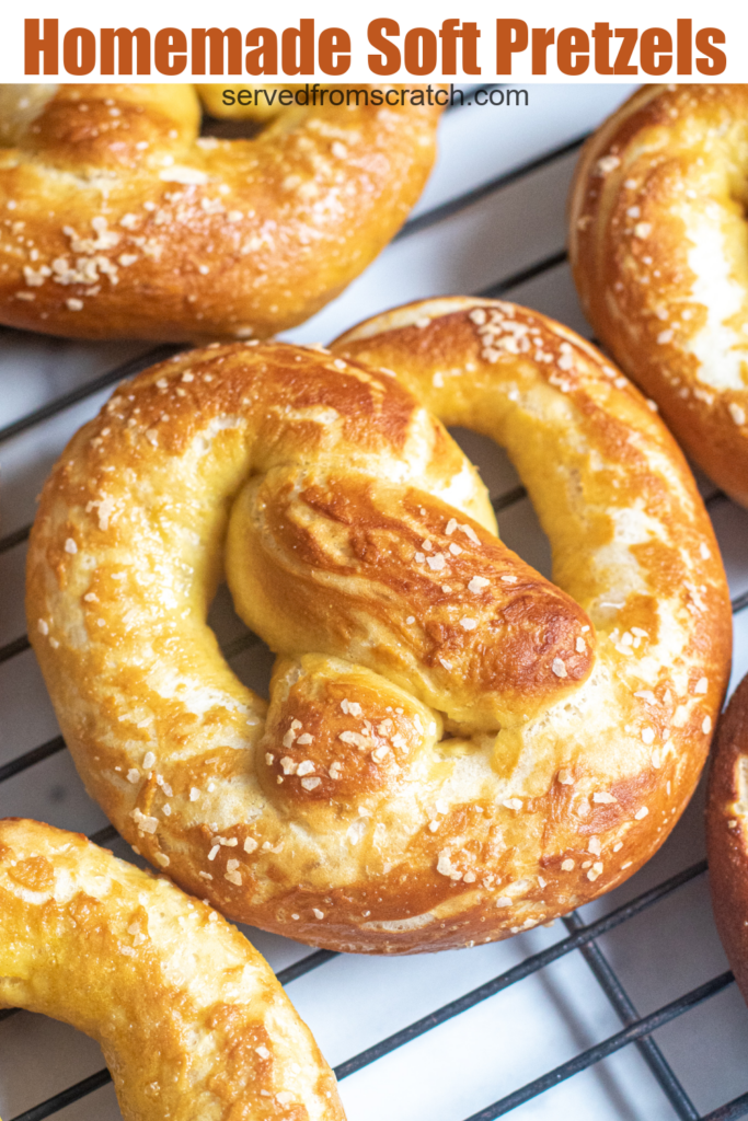 a close up of a soft pretzel and pinterest text.