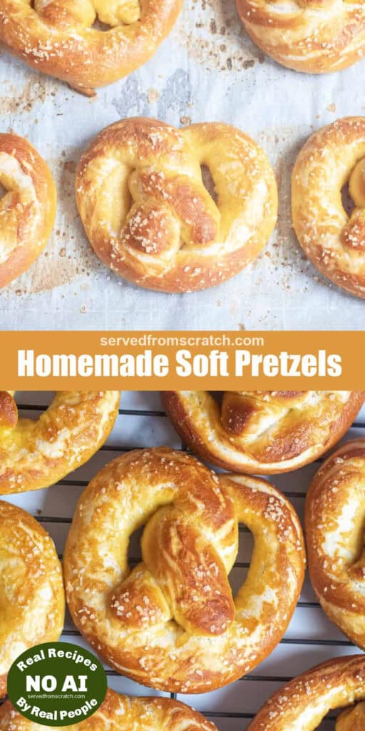 a tray of baked soft pretzels, Pinterest pin text, and a close up of the pretzels and NO AI sticker.