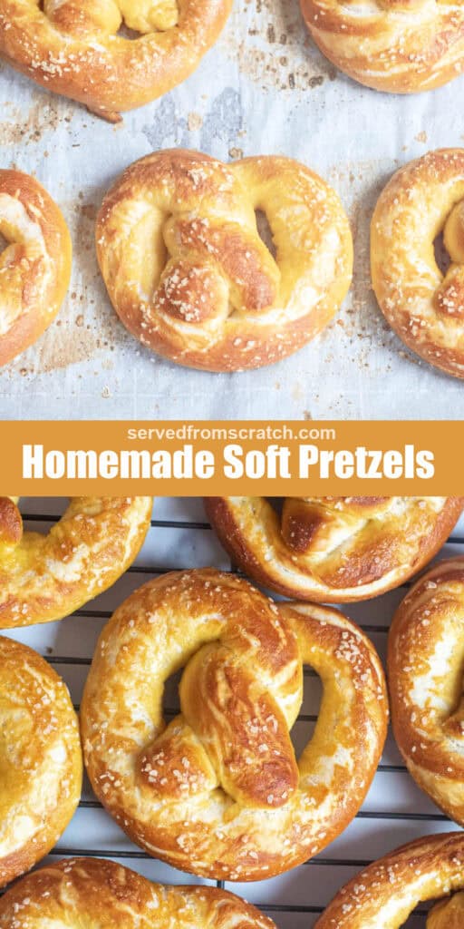 a tray of baked soft pretzels, Pinterest pin text, and a close up of the pretzels.