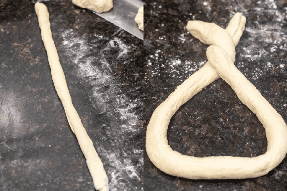 pretzel dough rolled out in a rope and then twisted.