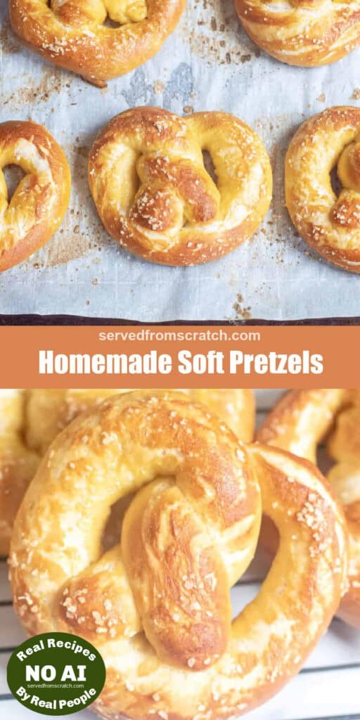 a tray of baked soft pretzels, Pinterest pin text, and a close up of the pretzels and NO AI sticker.