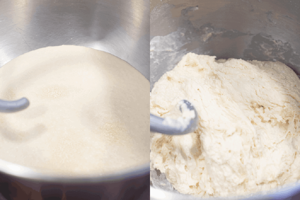 yeast activating and a dough in a stand mixer.