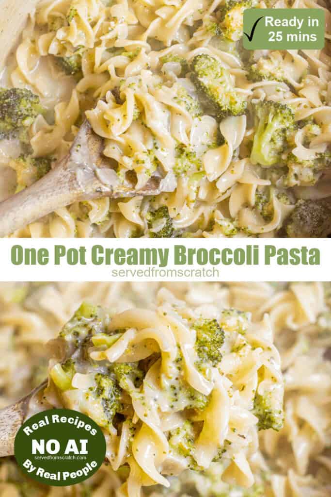 a wooden spoon holding some creamy pasta and broccoli and pinterest text and a NO AI sticker.