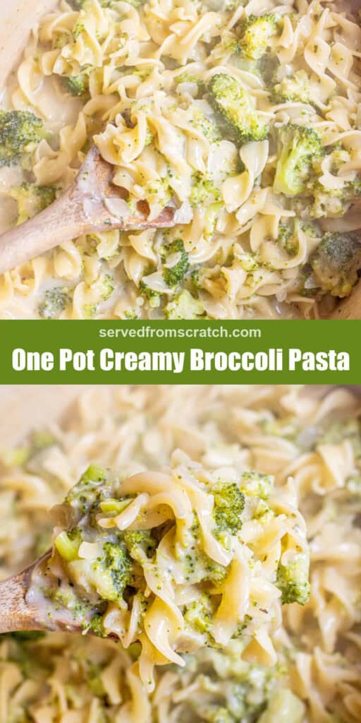 an overhead of a creamy broccoli with a wooden spoon, Pinterest pin text, and that spoon holding some up.
