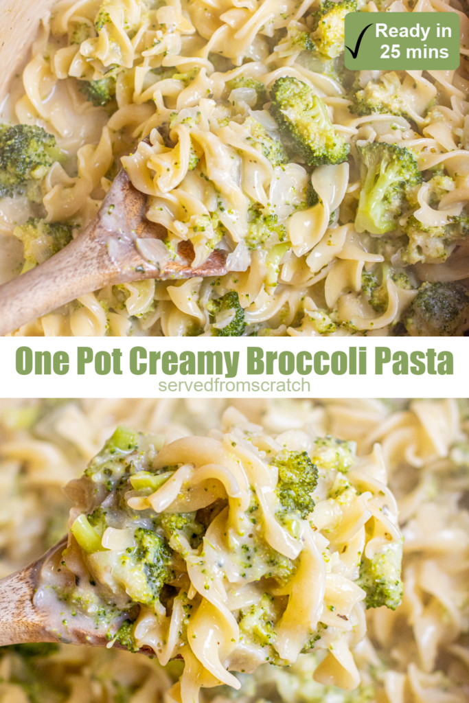 a wooden spoon holding some creamy pasta and broccoli and pinterest text.