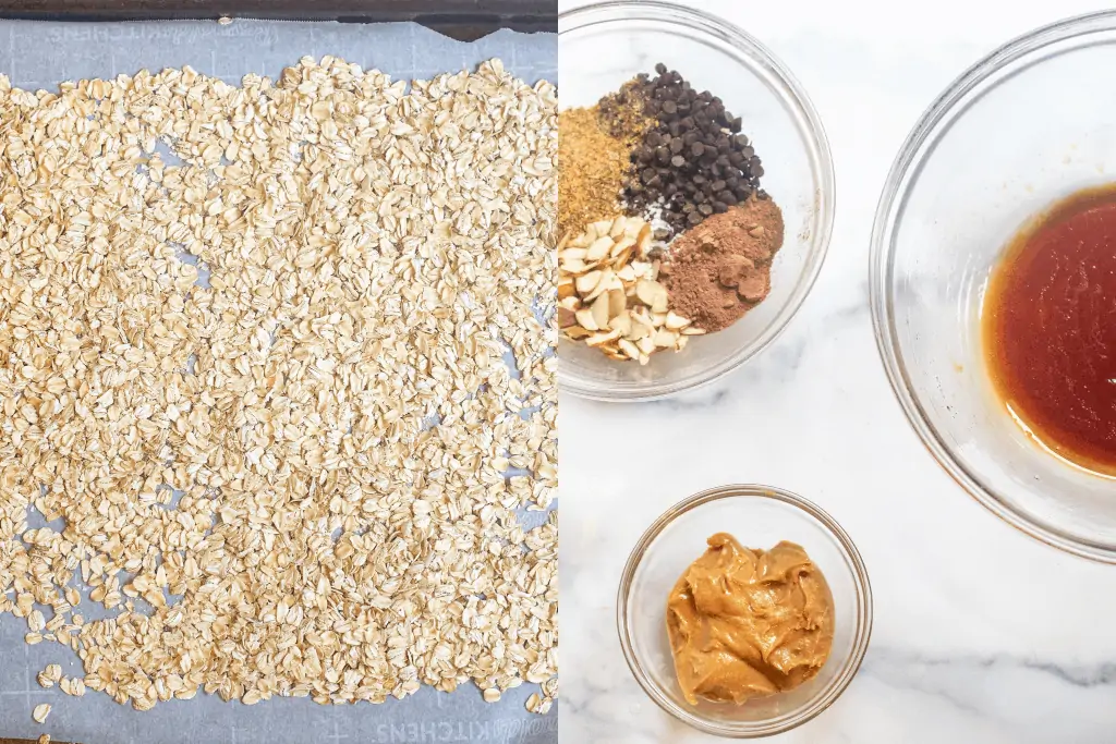 oats and bowls of syrup and vanilla and peanut butter and cinnamon and falx and chocolate chips.