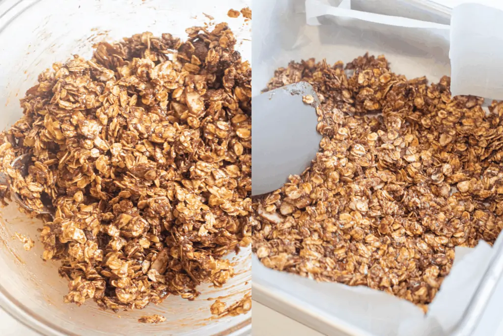 a bowl of mixed oats and a spatula spreading them in the pan.