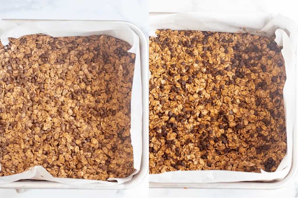 two pans, one of unbaked granola bars and baked granola bars.