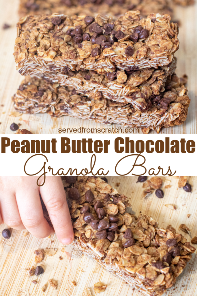 stacked granola bars with chocolate chips and a kids hand grabbing one and pinterest text.