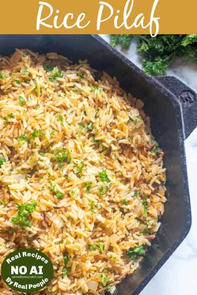 a pan of rice pilaf with Pinterest pin text with NO AI sticker.