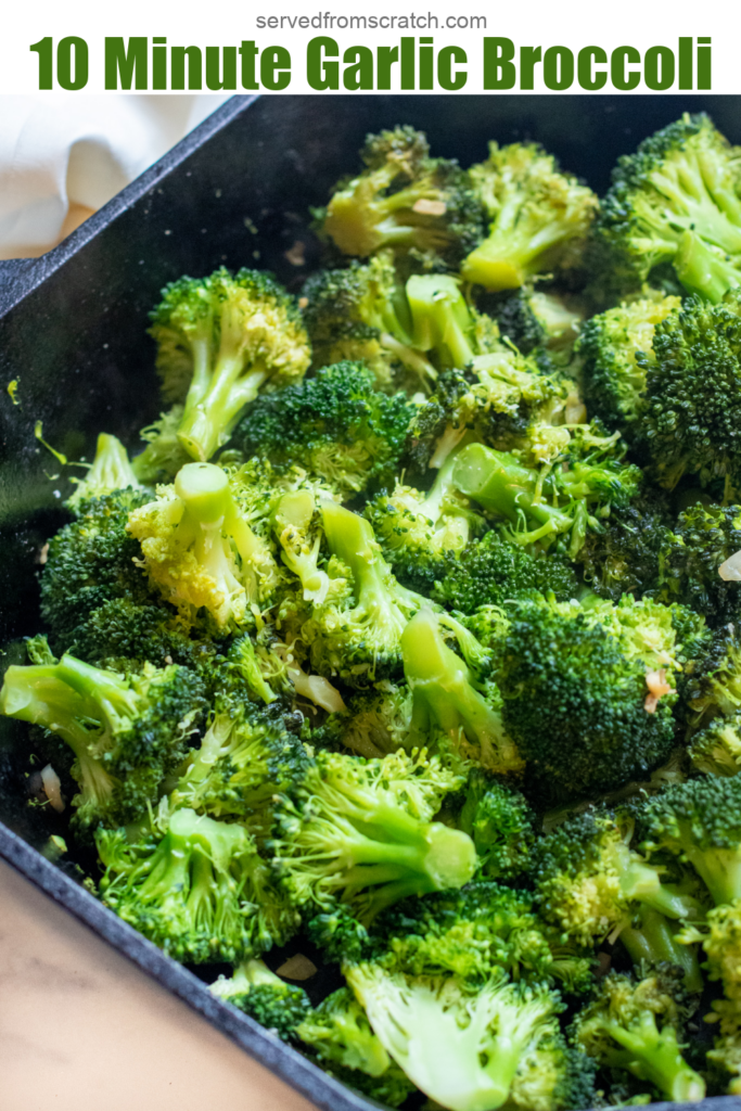 a cast iron of sauteed broccoli with Pinterest pin text.