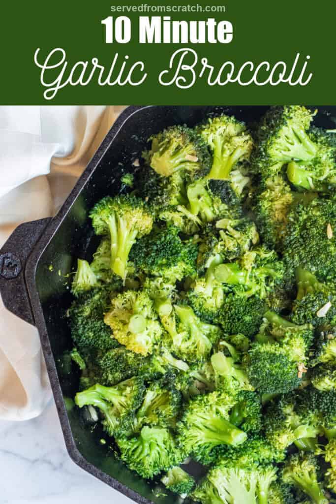 an overhead of cooked broccoli with Pinterest pin text.