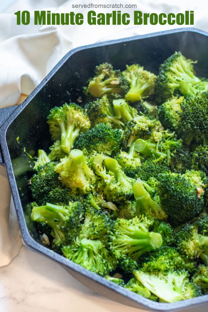 a cast iron of sauteed broccoli with Pinterest pin text.