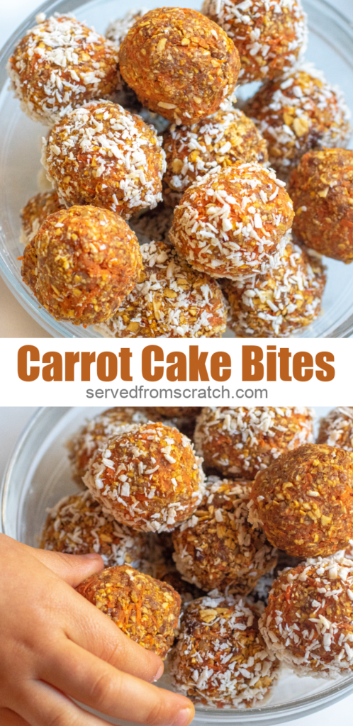 a bowl of oat and carrot balls with coconut with toddler hand grabbing one with Pinterest pin text.